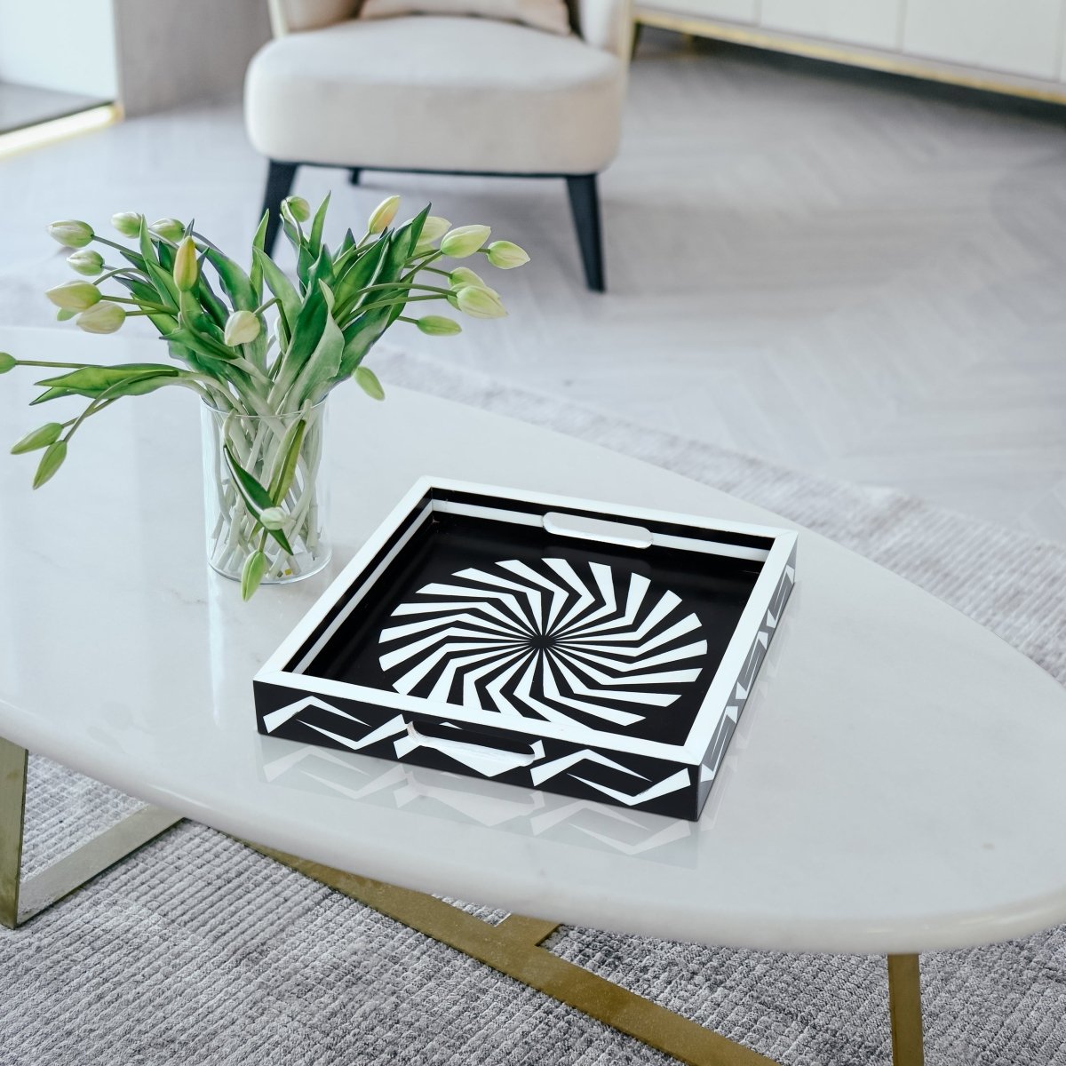 Black White Geometric Serving Ottoman Decorative Tray 12x12 - HOUSE OF SHE