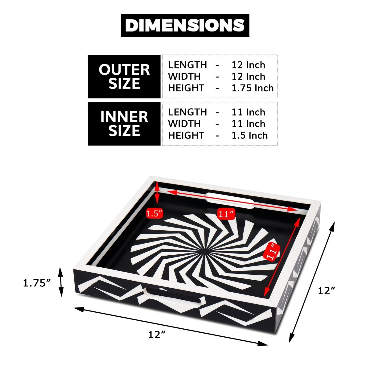 Black White Geometric Serving Ottoman Decorative Tray 12x12 - HOUSE OF SHE