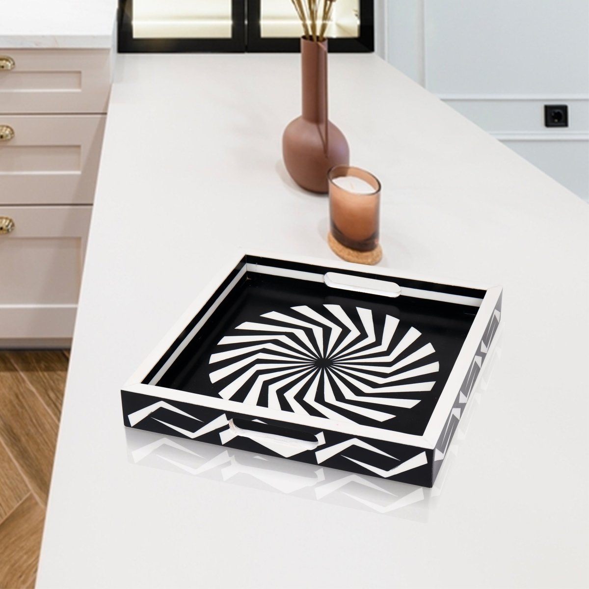 Black White Geometric Serving Ottoman Decorative Tray 12x12 - HOUSE OF SHE