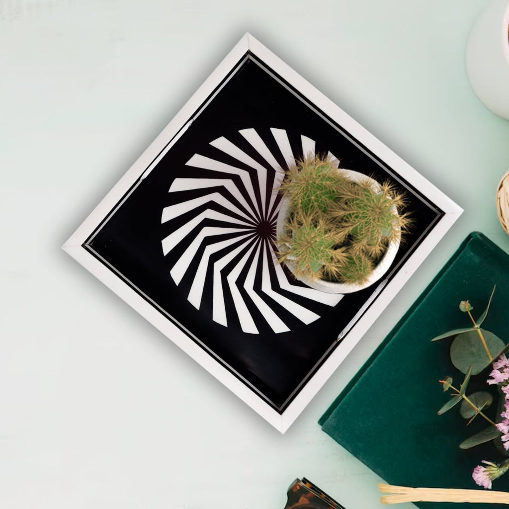 Black White Geometric Serving Ottoman Decorative Tray 12x12 - HOUSE OF SHE