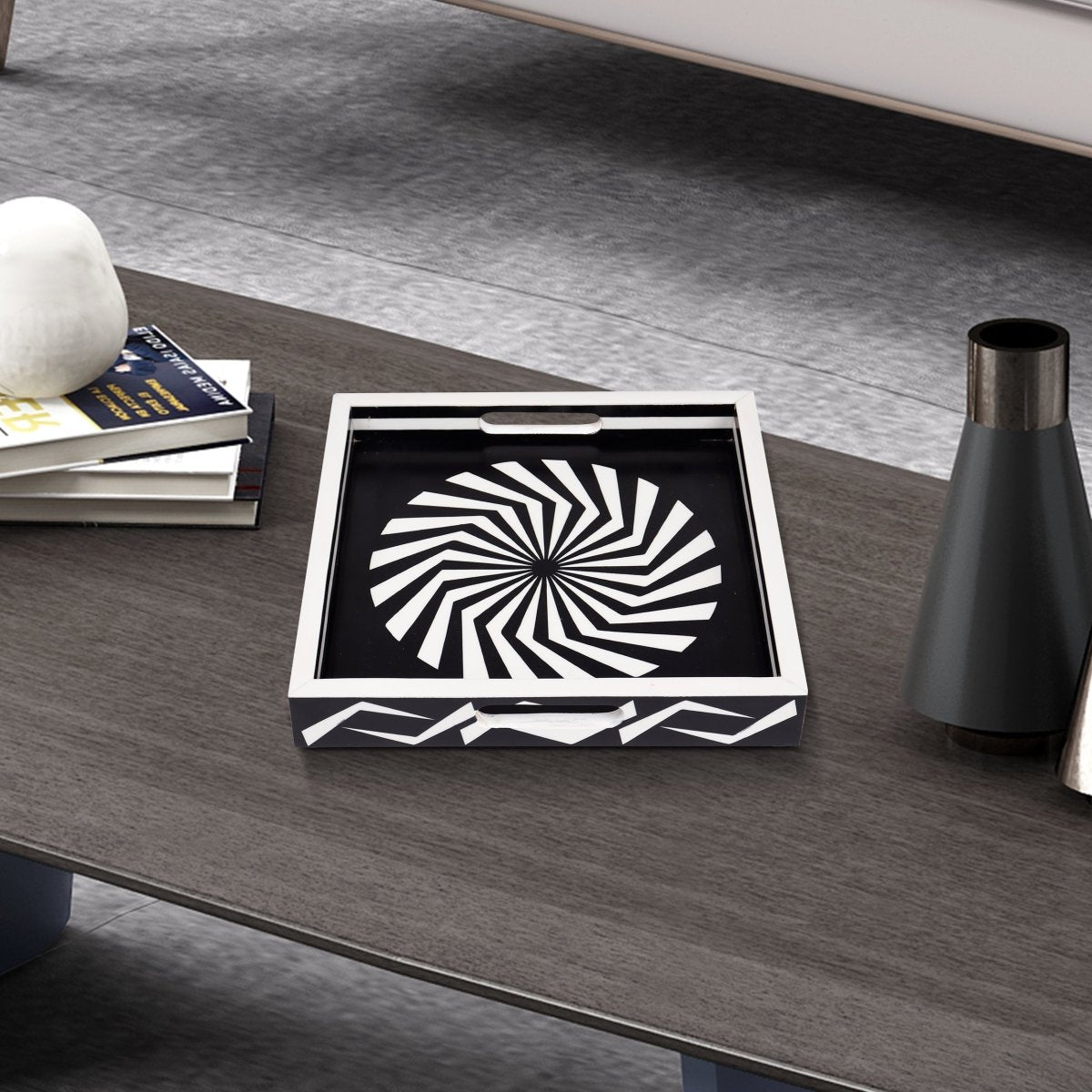 Black White Geometric Serving Ottoman Decorative Tray 12x12 - HOUSE OF SHE