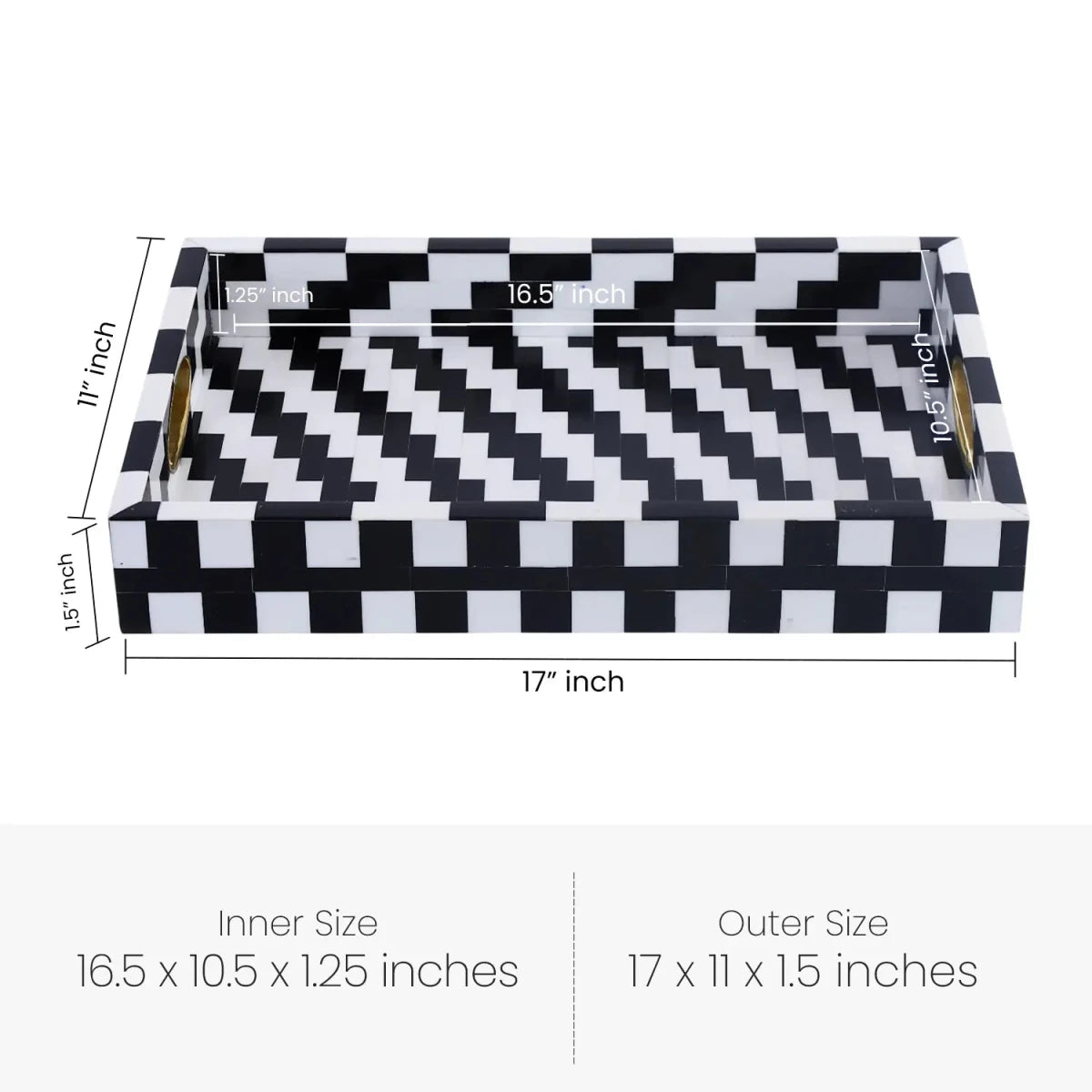 Black White Optique Pixel Resin Decorative Tray Brass 11x17 - HOUSE OF SHE