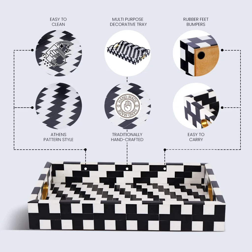 Black White Optique Pixel Resin Decorative Tray Brass 11x17 - HOUSE OF SHE