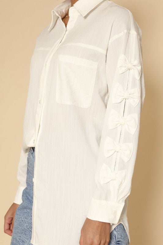Bow sleeve button down shirt - HOUSE OF SHE