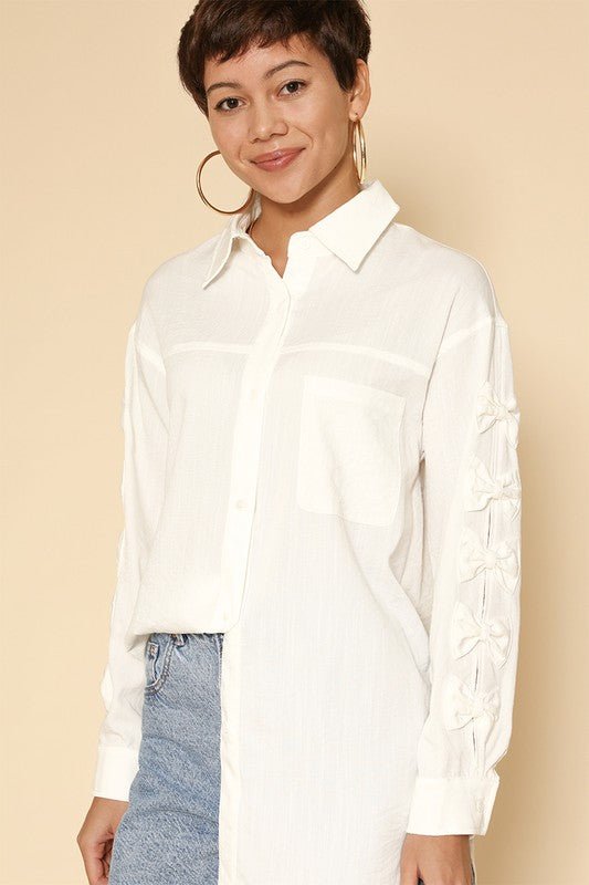 Bow sleeve button down shirt - HOUSE OF SHE