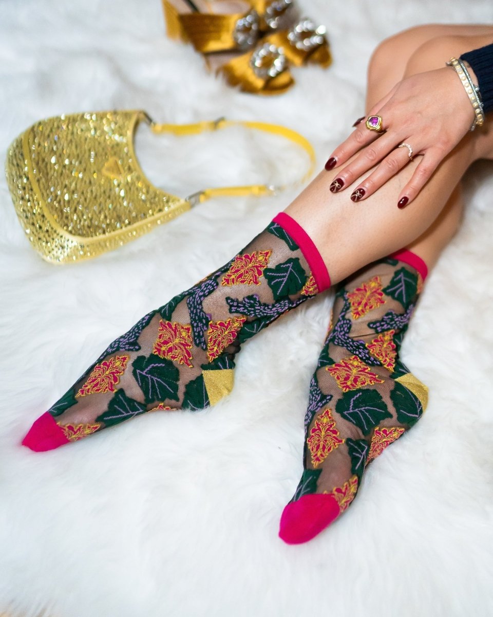Brocade Jaguar Black Sheer Crew Sock - HOUSE OF SHE