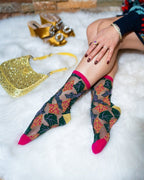 Brocade Jaguar Black Sheer Crew Sock - HOUSE OF SHE