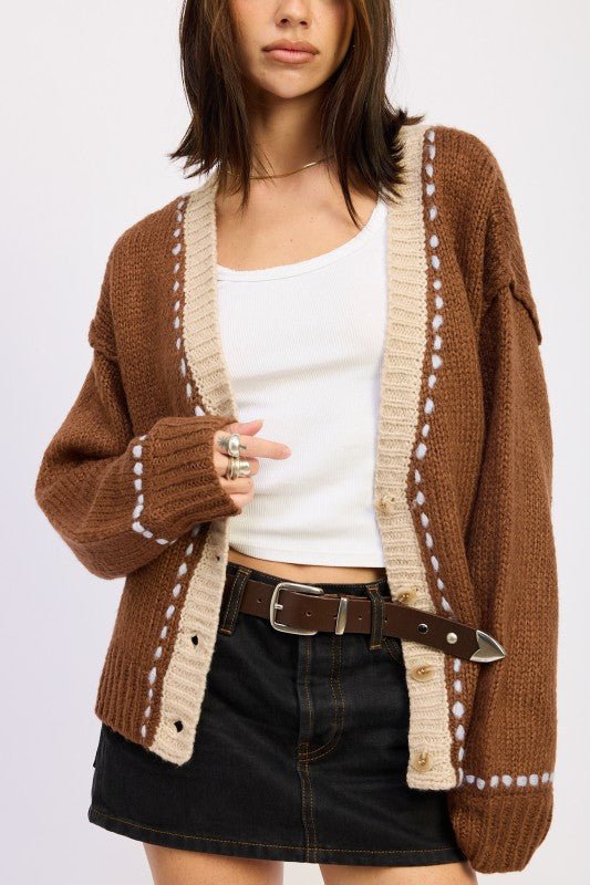 BUTTON DOWN CONTRASTED CARDIGAN - HOUSE OF SHE