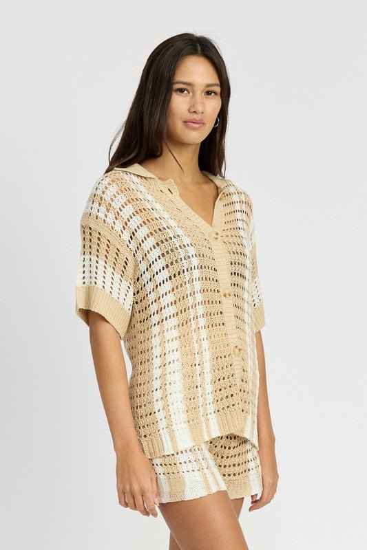 Button Up Striped Crochet Top - HOUSE OF SHE