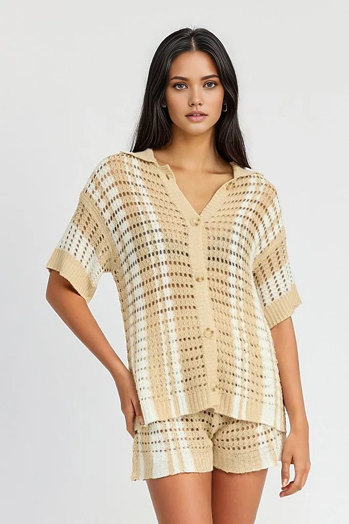 Button Up Striped Crochet Top - HOUSE OF SHE