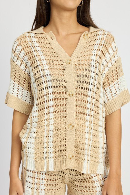 Button Up Striped Crochet Top - HOUSE OF SHE