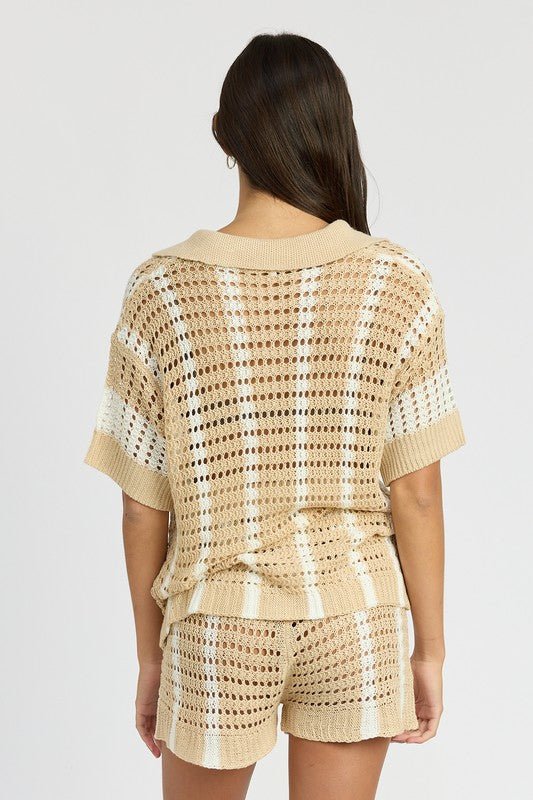 Button Up Striped Crochet Top - HOUSE OF SHE