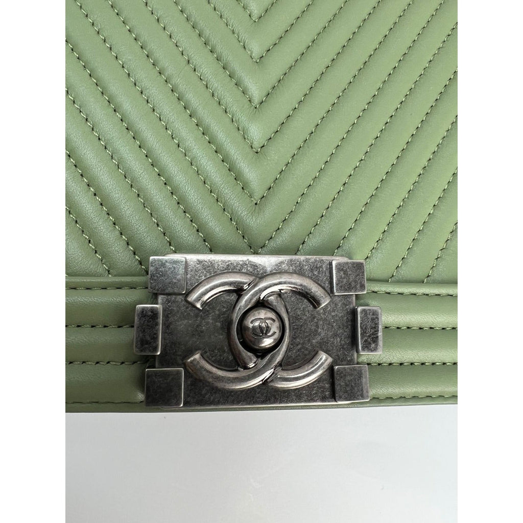 Chanel Calfskin Chevron Quilted Medium Boy Flap Light Green Bag - HOUSE OF SHE