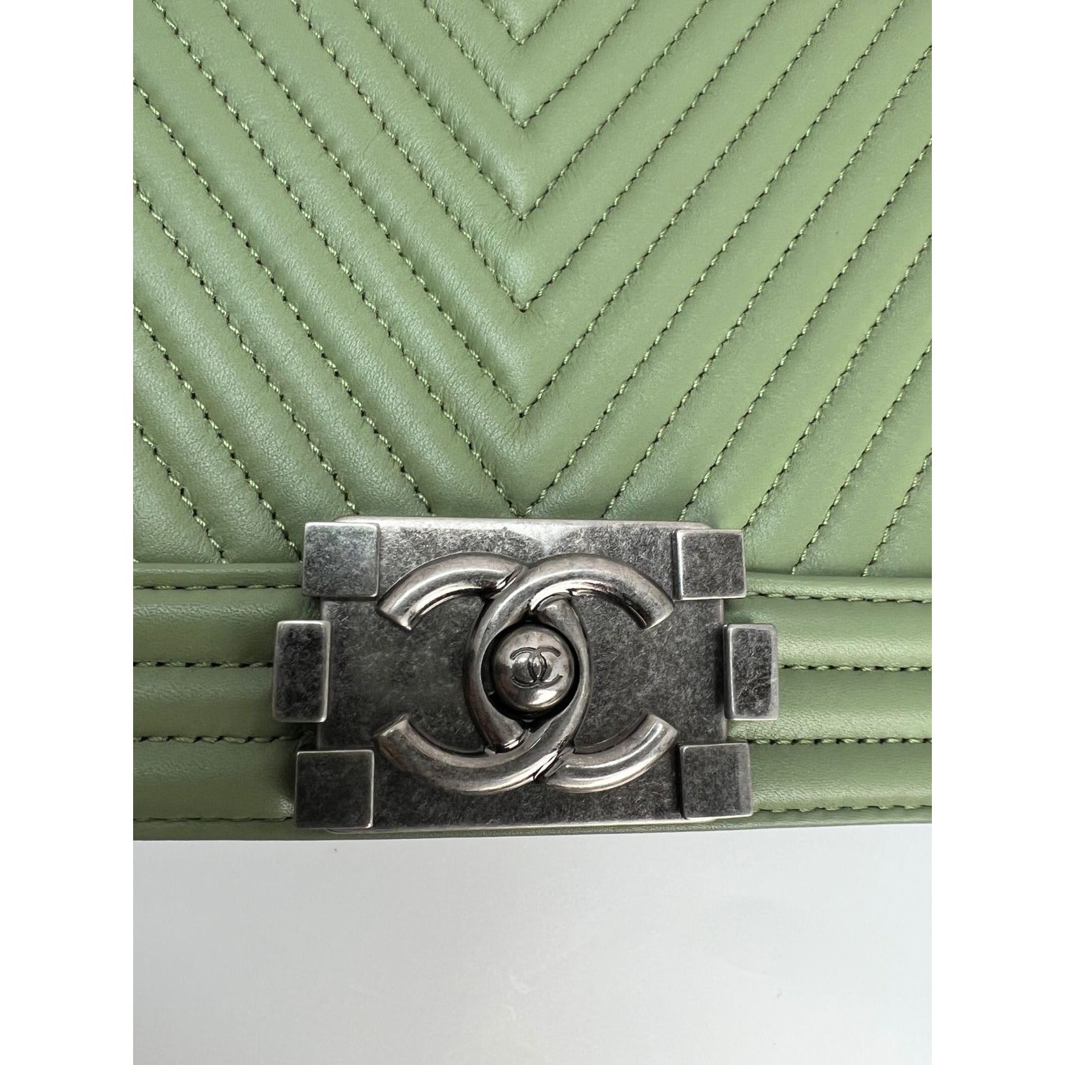 Chanel Calfskin Chevron Quilted Medium Boy Flap Light Green Bag - HOUSE OF SHE