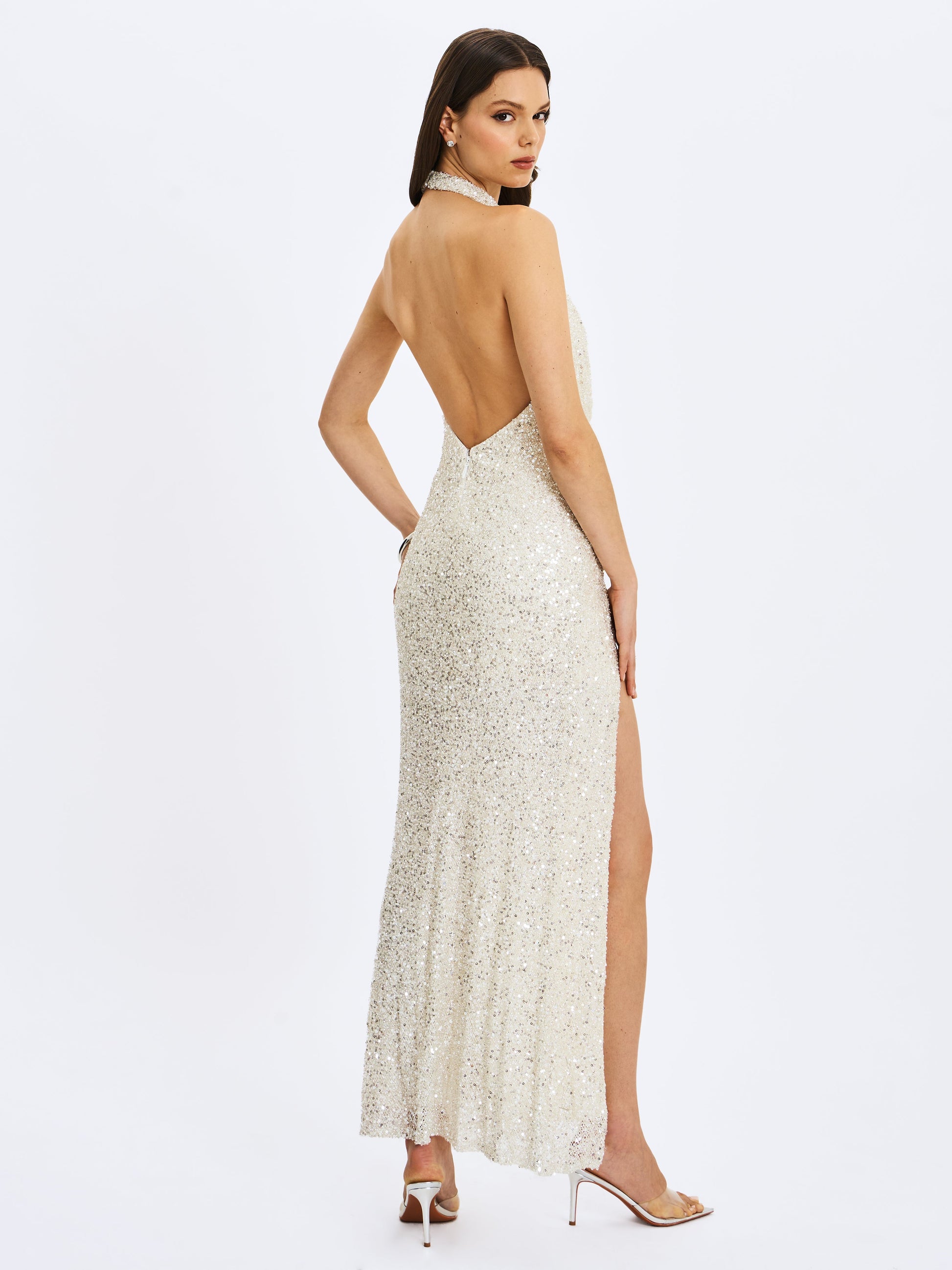 Niamh Golden Beaded Cowl Halter Backless Maxi Dress
