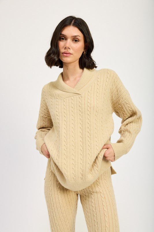 Cable Knit Collared Sweater Top - HOUSE OF SHE