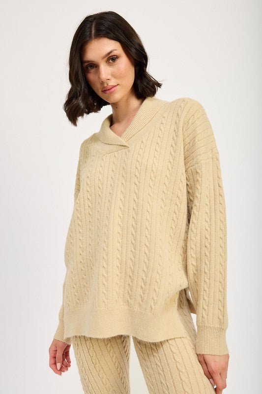 Cable Knit Collared Sweater Top - HOUSE OF SHE