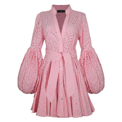Carta y Letra Eyelet Mini Dress — Pink Cotton Shirt Dress