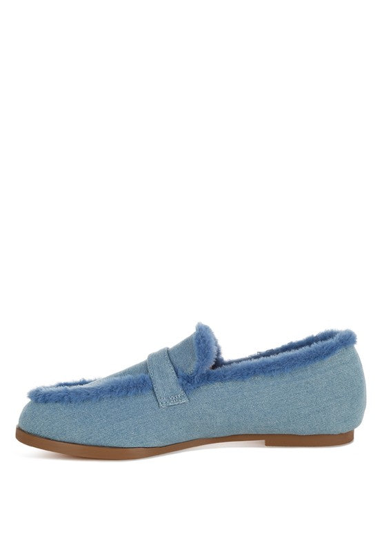 Nivena Fur Detail Denim Loafers  HOUSE OF SHE