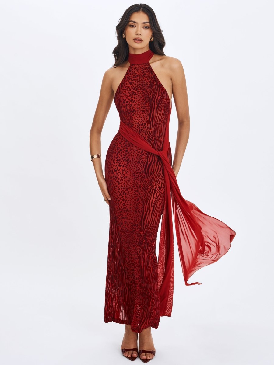 Cerise Scarlet Burnout Velvet Mesh Maxi Dress - HOUSE OF SHE