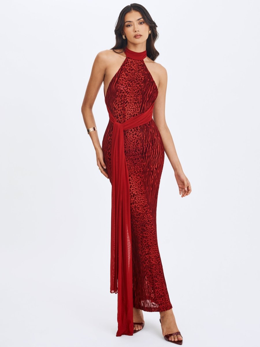 Cerise Scarlet Burnout Velvet Mesh Maxi Dress - HOUSE OF SHE