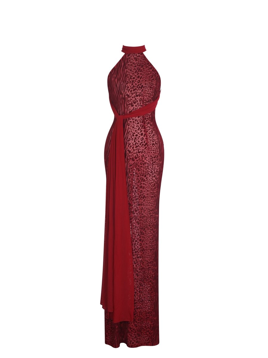 Cerise Scarlet Burnout Velvet Mesh Maxi Dress - HOUSE OF SHE