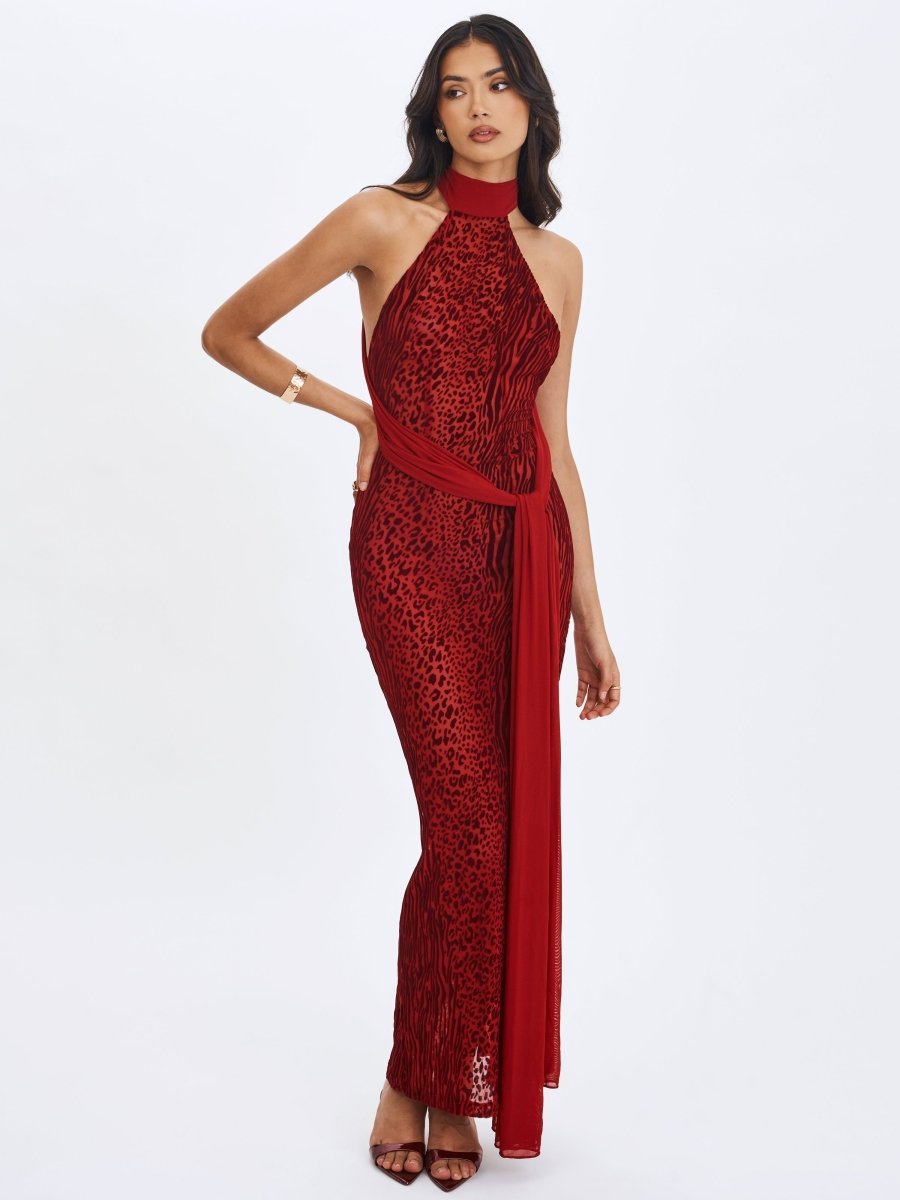 Cerise Scarlet Burnout Velvet Mesh Maxi Dress - HOUSE OF SHE