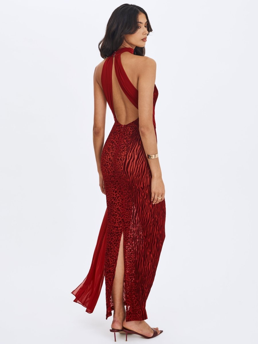 Cerise Scarlet Burnout Velvet Mesh Maxi Dress - HOUSE OF SHE