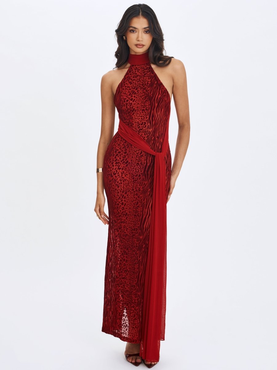 Cerise Scarlet Burnout Velvet Mesh Maxi Dress - HOUSE OF SHE