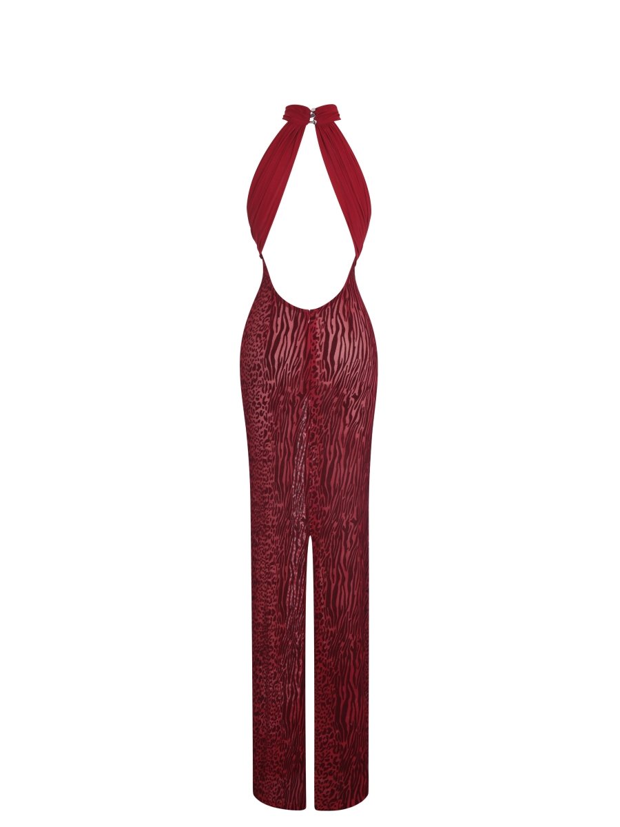 Cerise Scarlet Burnout Velvet Mesh Maxi Dress - HOUSE OF SHE