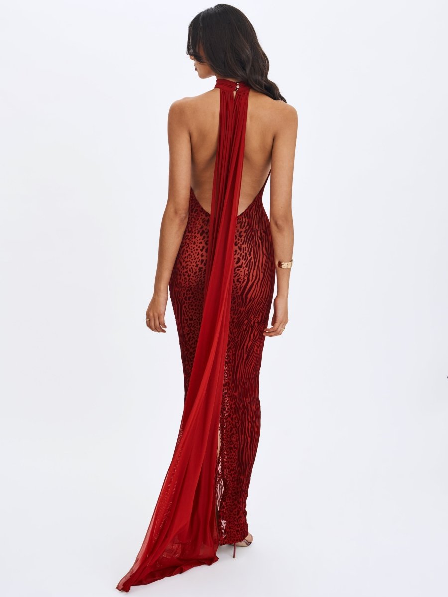 Cerise Scarlet Burnout Velvet Mesh Maxi Dress - HOUSE OF SHE
