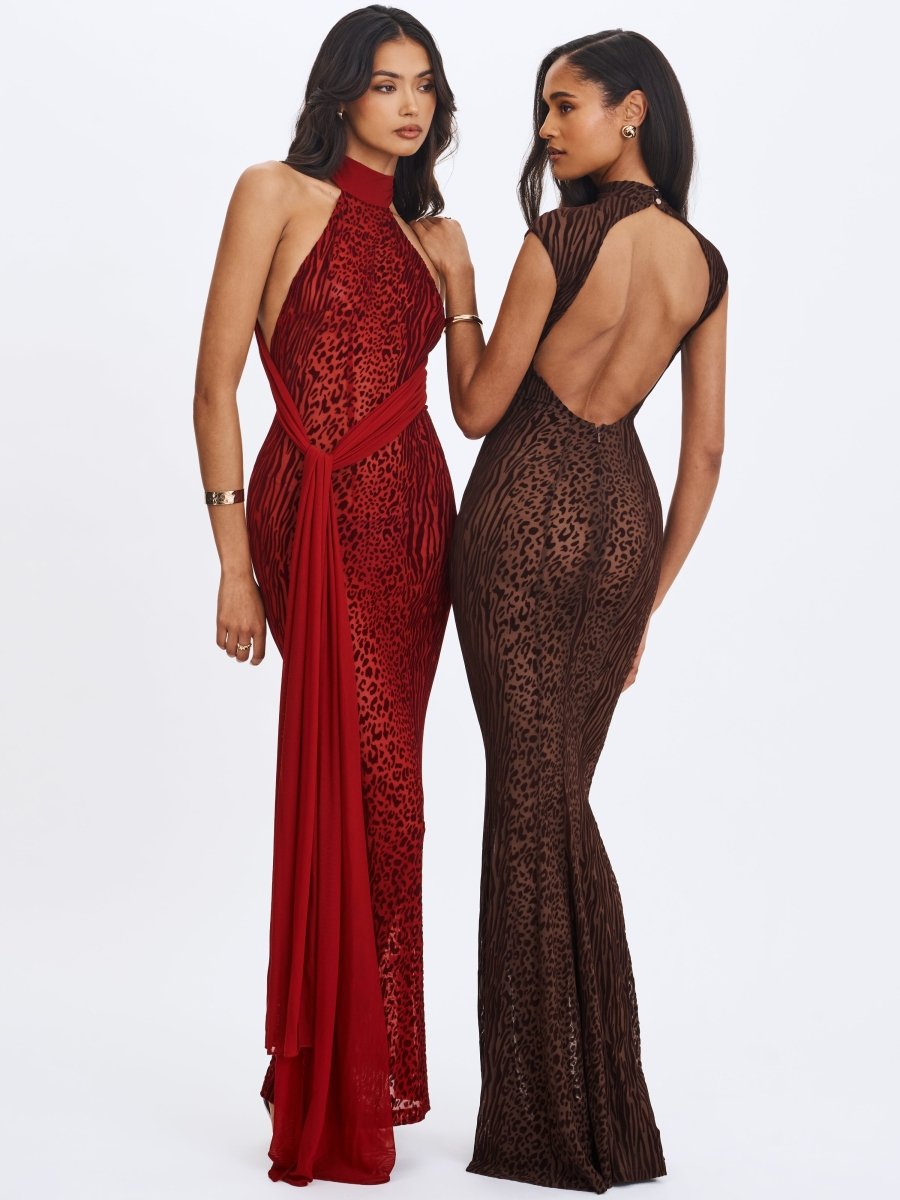Cerise Scarlet Burnout Velvet Mesh Maxi Dress - HOUSE OF SHE