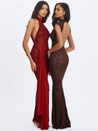 Cerise Scarlet Burnout Velvet Mesh Maxi Dress - HOUSE OF SHE