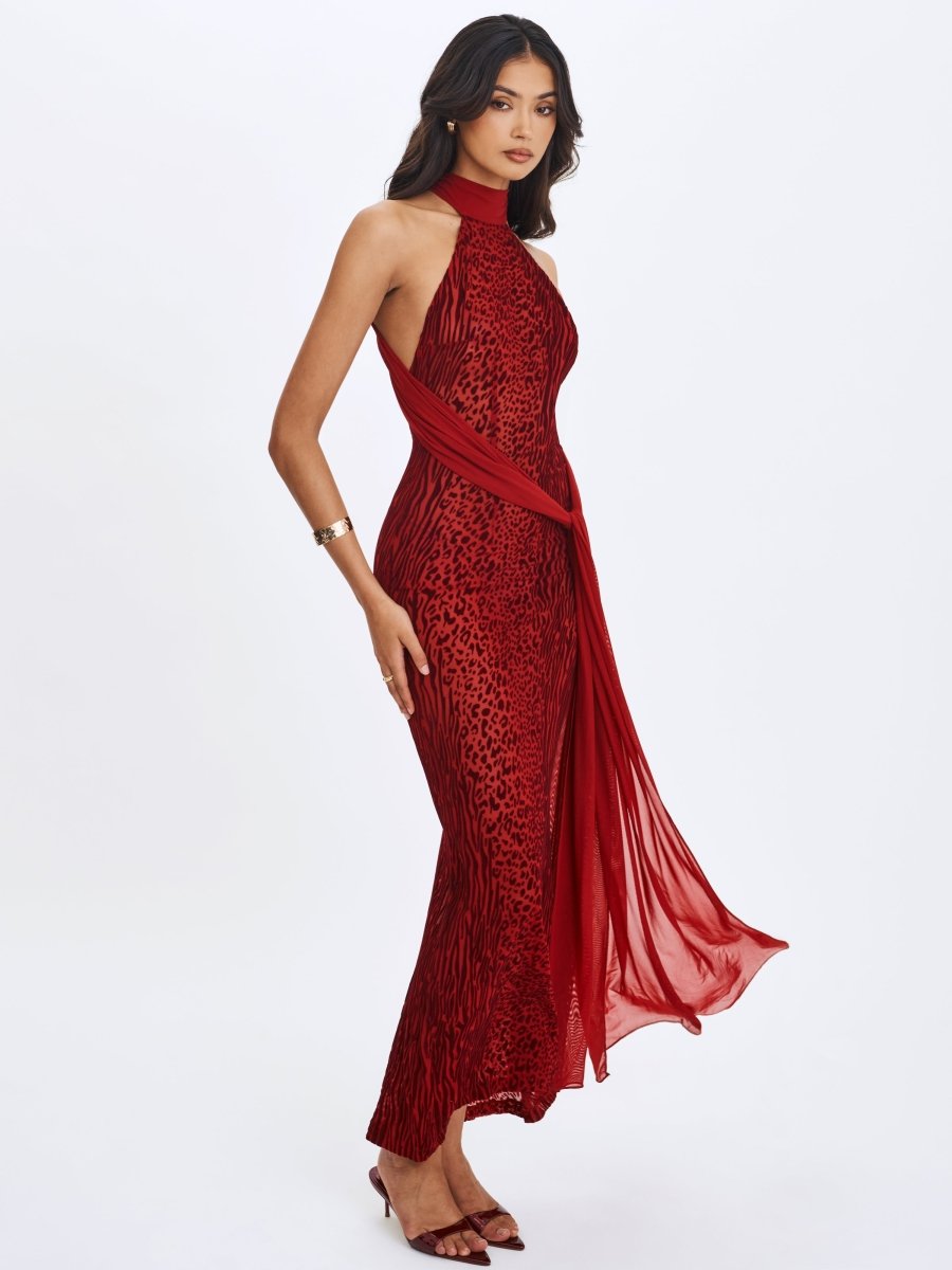 Cerise Scarlet Burnout Velvet Mesh Maxi Dress - HOUSE OF SHE