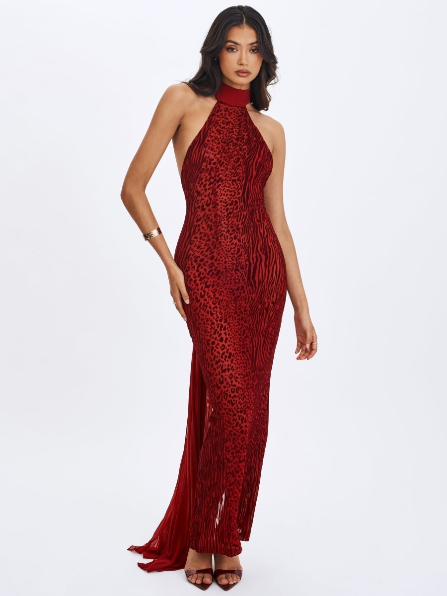 Cerise Scarlet Burnout Velvet Mesh Maxi Dress - HOUSE OF SHE