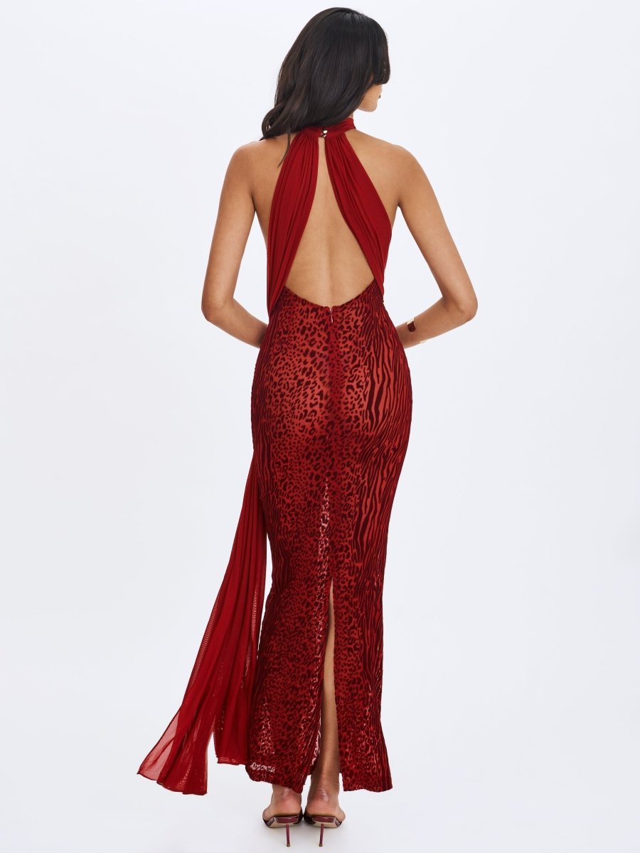 Cerise Scarlet Burnout Velvet Mesh Maxi Dress - HOUSE OF SHE