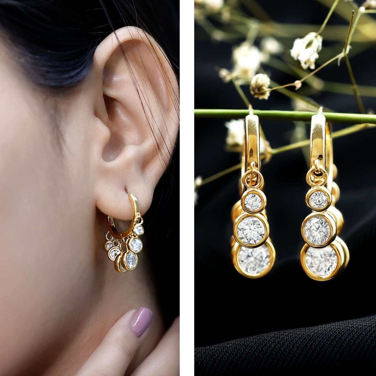 Certified Bezel Set Moissanite Hoop Dangle Earrings - HOUSE OF SHE