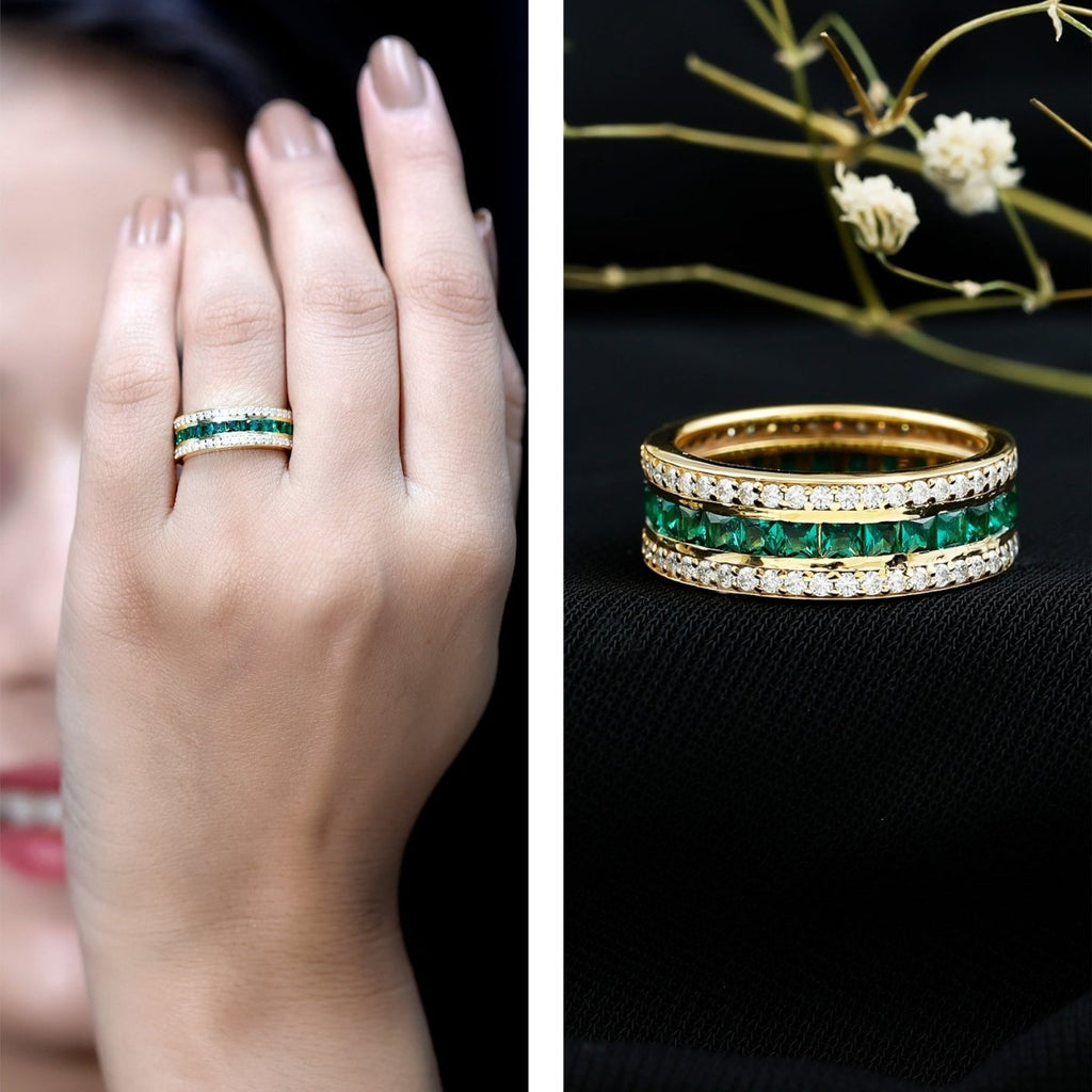 Certified Lab Grown Emerald 3 Row Eternity Wedding Band - HOUSE OF SHE