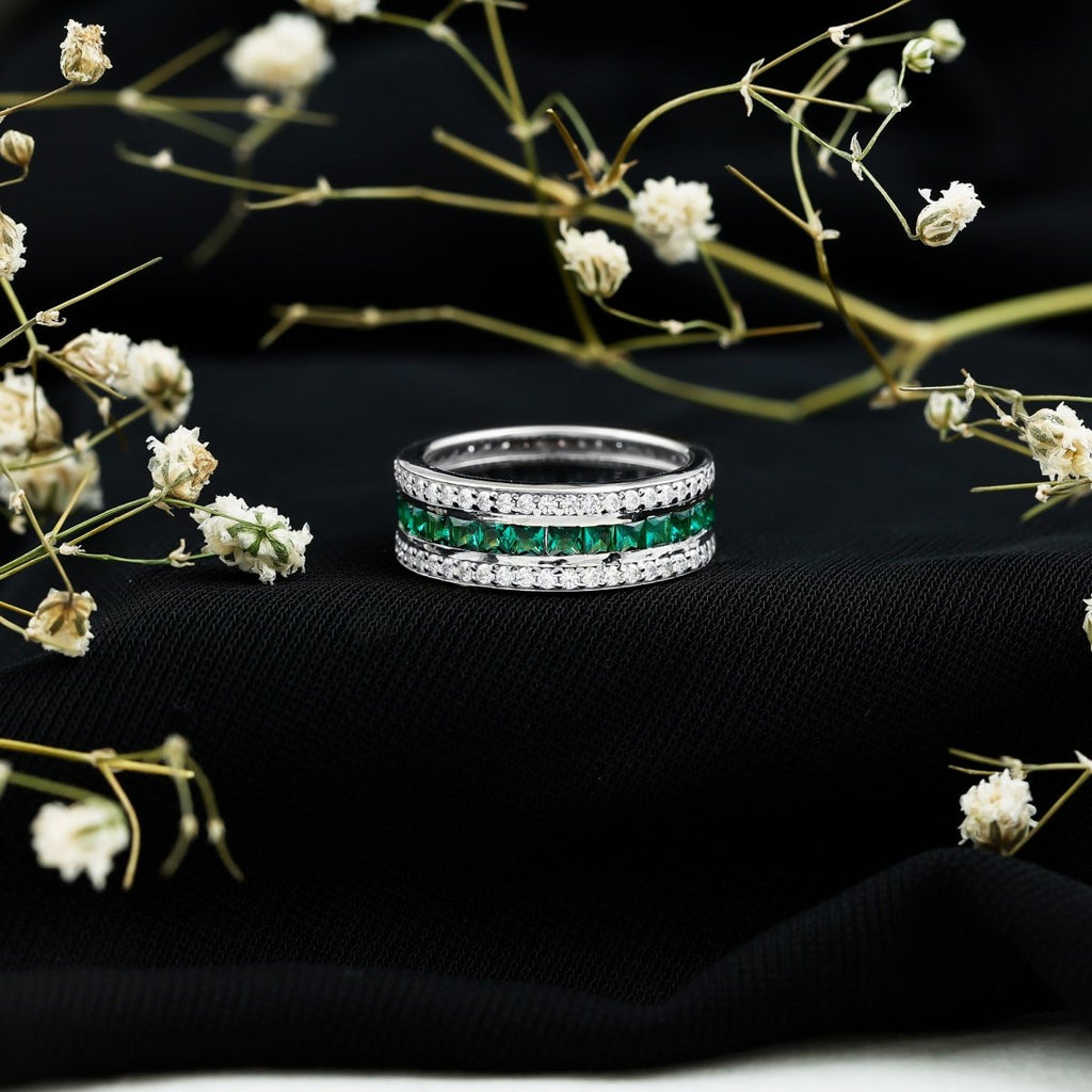 Certified Lab Grown Emerald 3 Row Eternity Wedding Band - HOUSE OF SHE