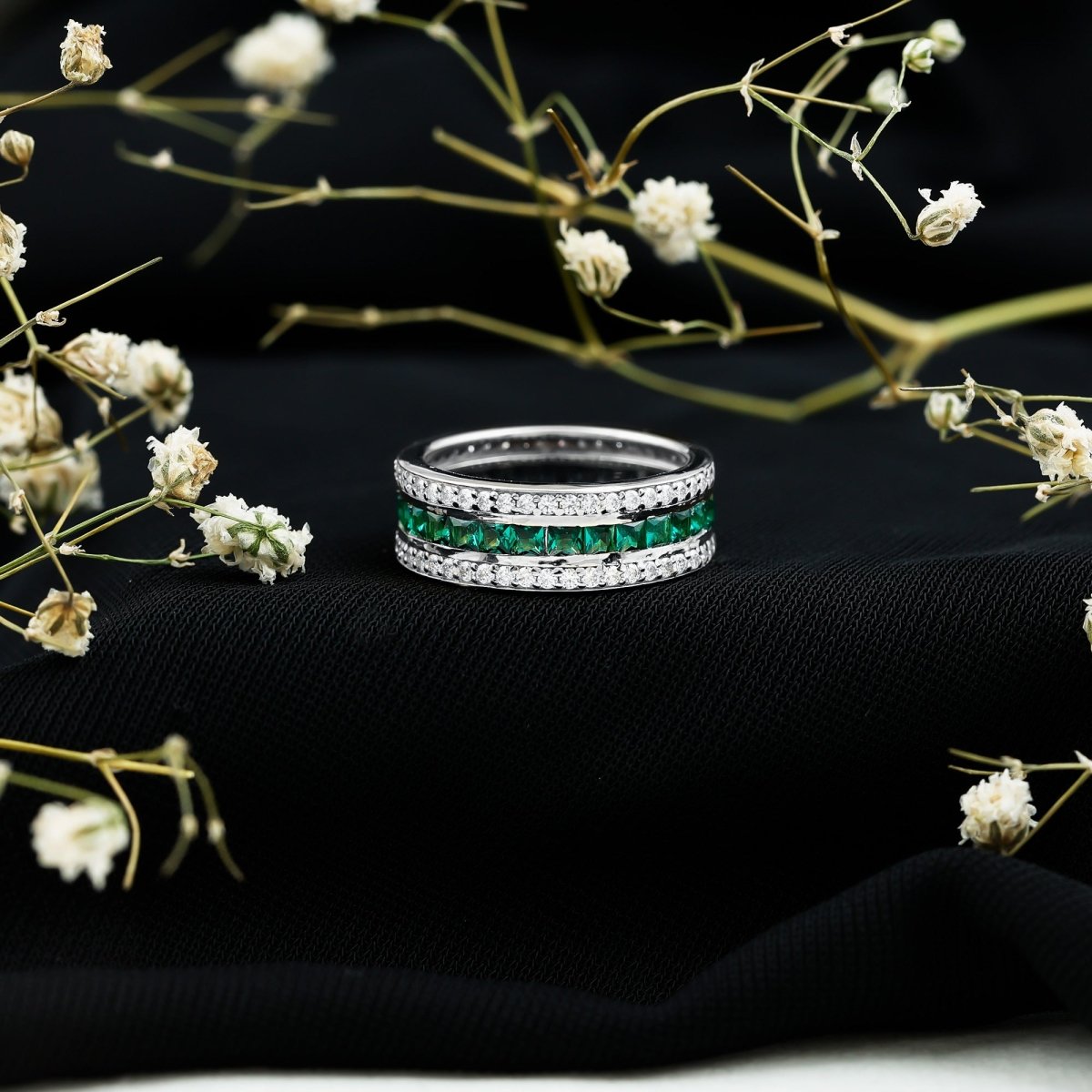 Certified Lab Grown Emerald 3 Row Eternity Wedding Band - HOUSE OF SHE