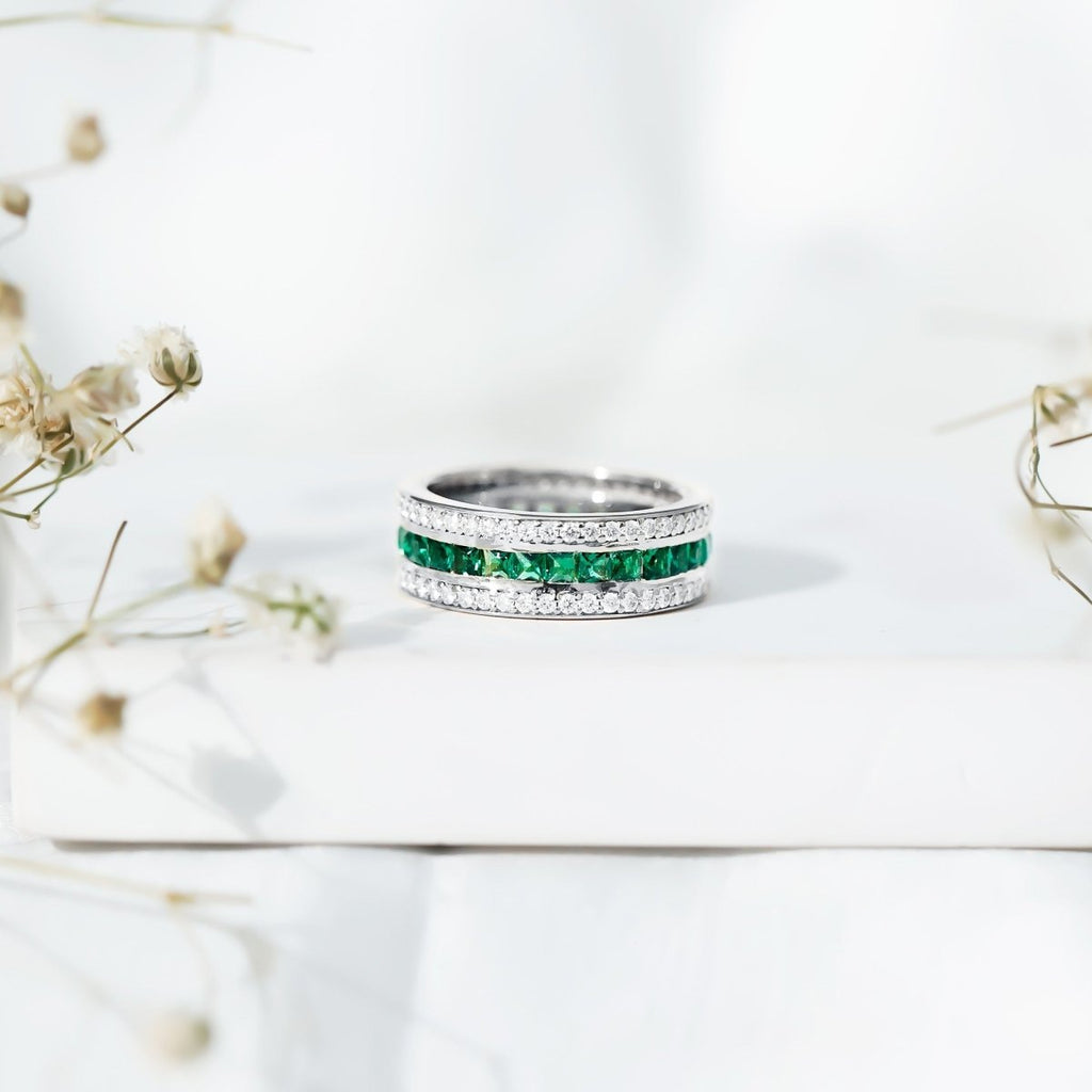 Certified Lab Grown Emerald 3 Row Eternity Wedding Band - HOUSE OF SHE