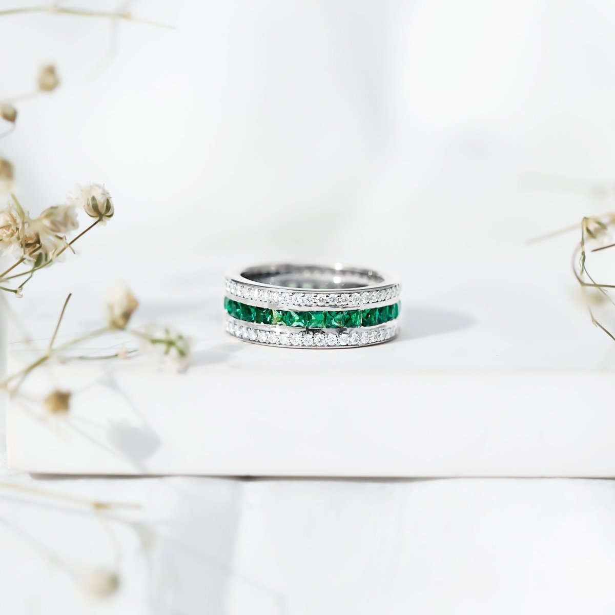 Certified Lab Grown Emerald 3 Row Eternity Wedding Band - HOUSE OF SHE