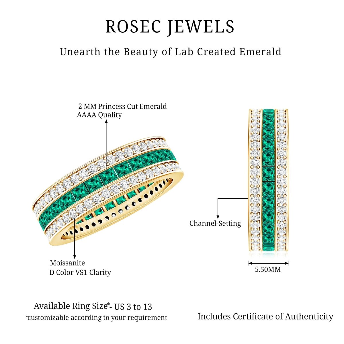 Certified Lab Grown Emerald 3 Row Eternity Wedding Band - HOUSE OF SHE