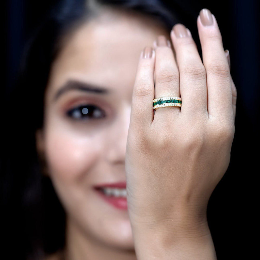 Certified Lab Grown Emerald 3 Row Eternity Wedding Band - HOUSE OF SHE