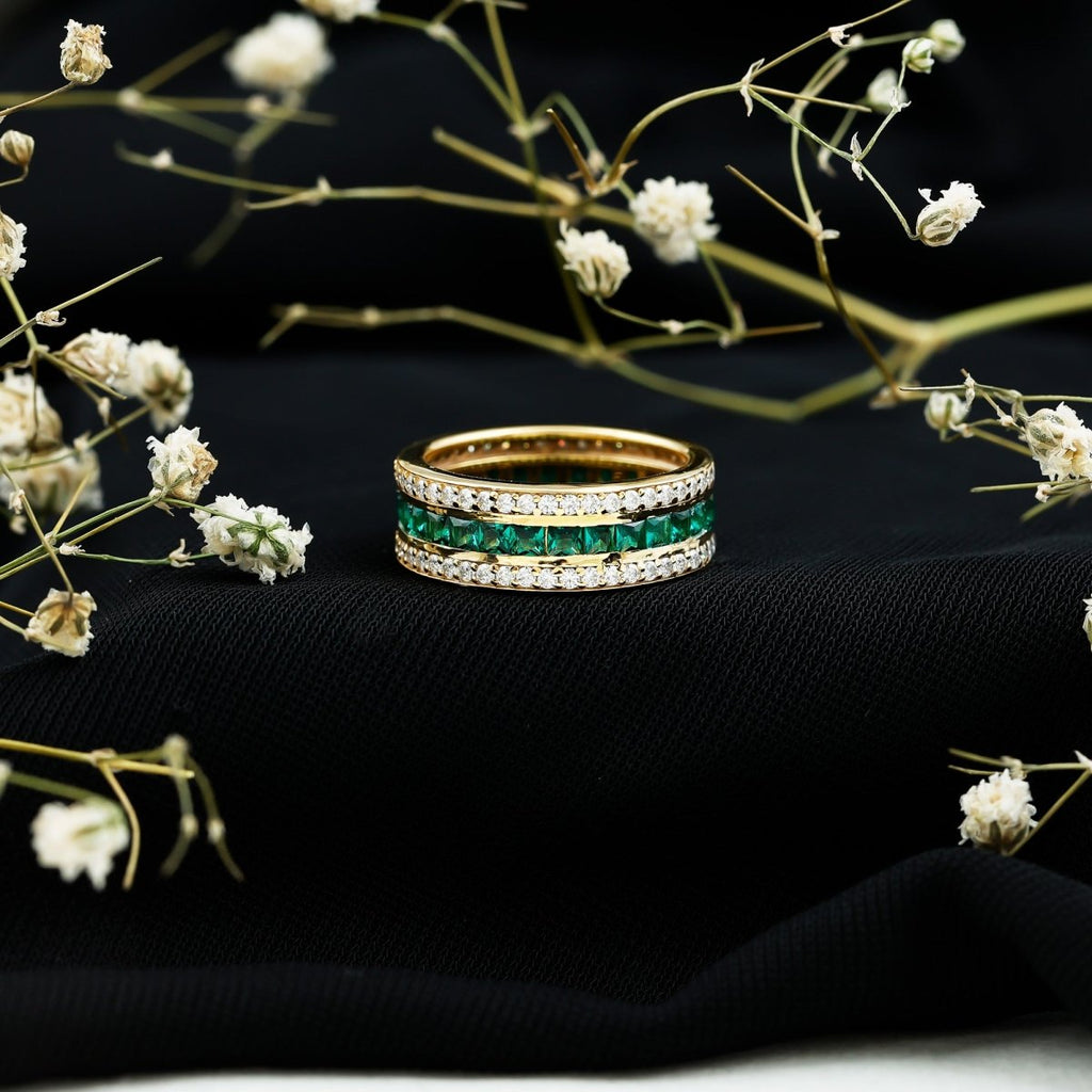 Certified Lab Grown Emerald 3 Row Eternity Wedding Band - HOUSE OF SHE