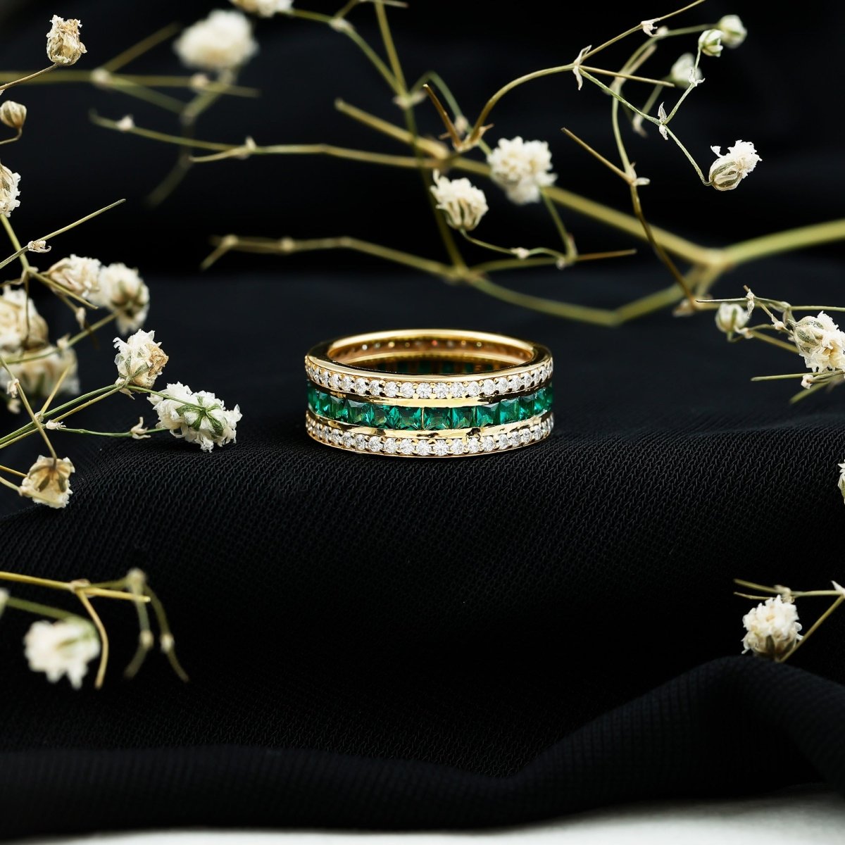 Certified Lab Grown Emerald 3 Row Eternity Wedding Band - HOUSE OF SHE