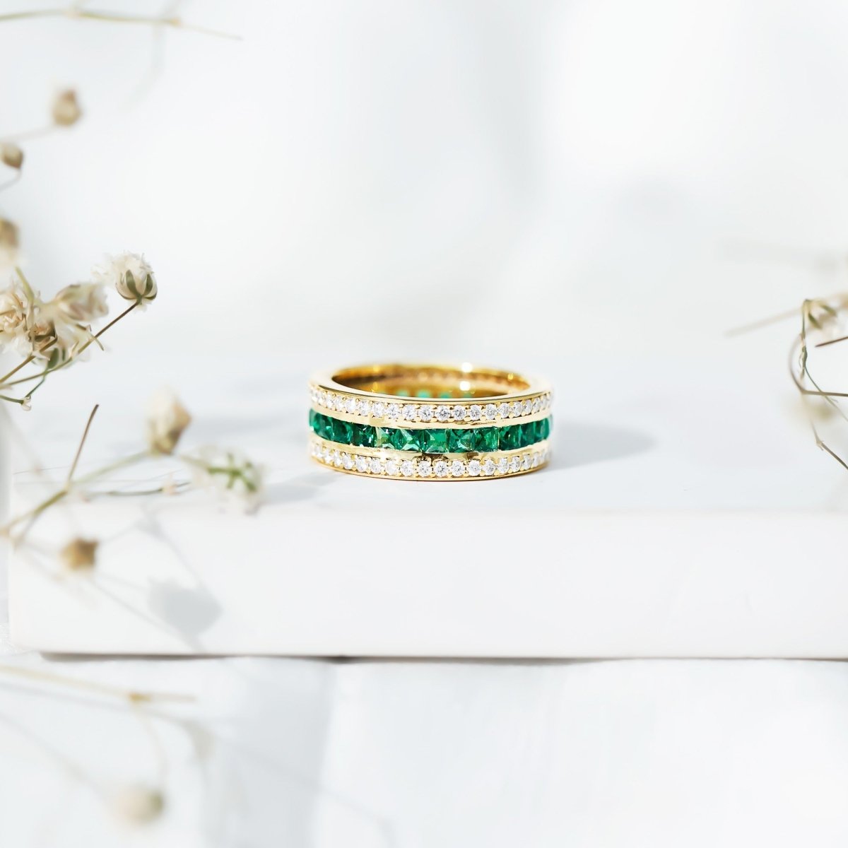 Certified Lab Grown Emerald 3 Row Eternity Wedding Band - HOUSE OF SHE