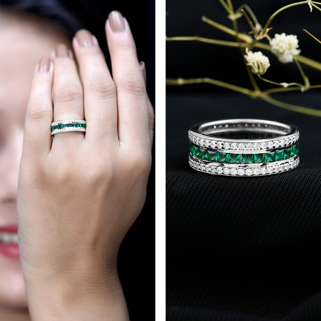 Certified Lab Grown Emerald 3 Row Eternity Wedding Band - HOUSE OF SHE