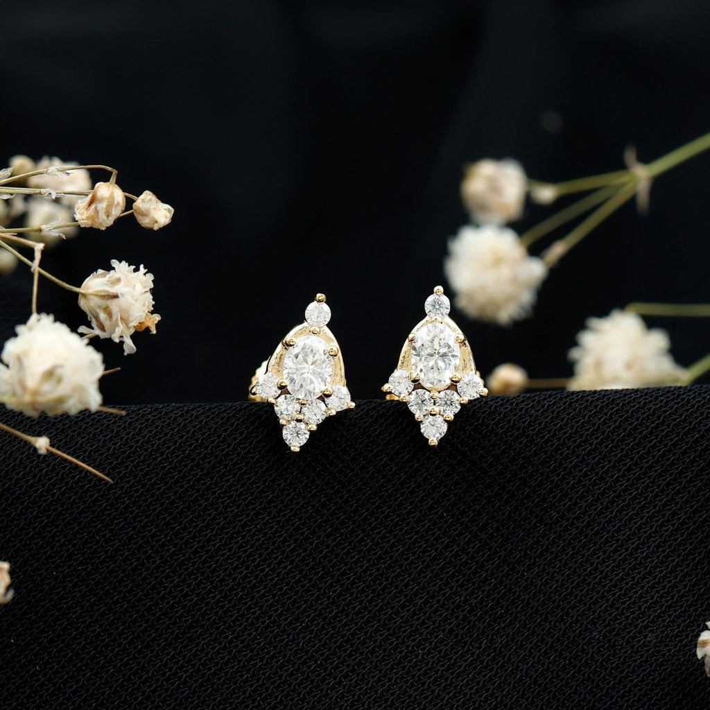 Certified Moissanite Stud Earrings in Yellow Gold Plated Silver - HOUSE OF SHE
