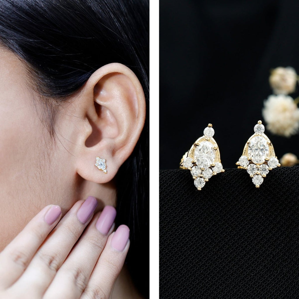 Certified Moissanite Stud Earrings in Yellow Gold Plated Silver - HOUSE OF SHE